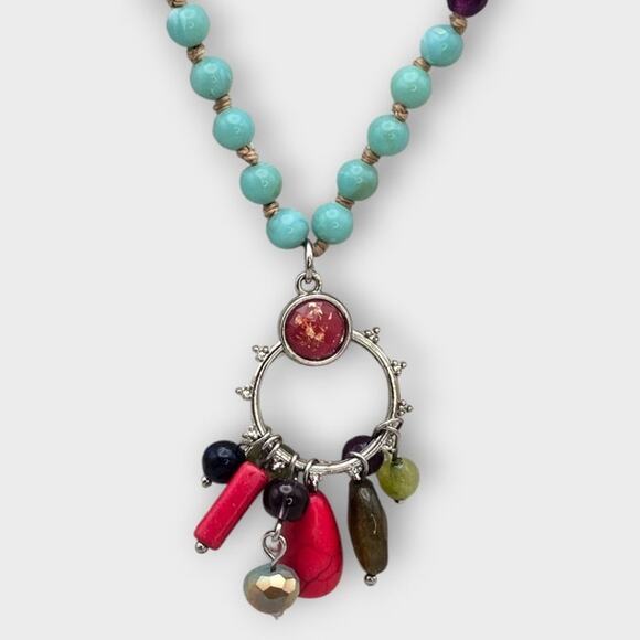 Colorful Multi-Stone Beaded Necklace with Charm Pendant Boho Vintage Style - Picture 3 of 6